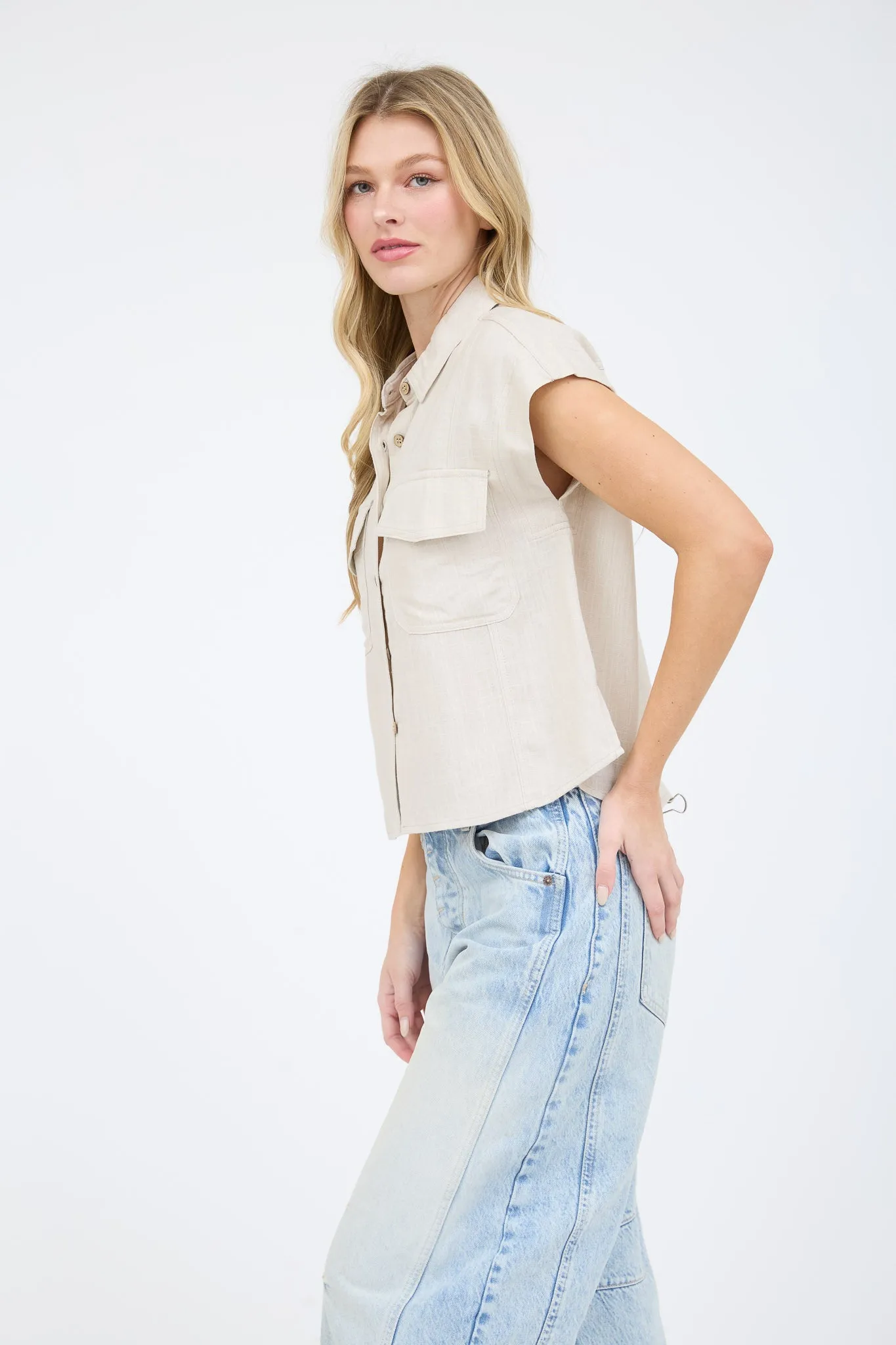 COLLARED SHORT SLEEVE BUTTON DOWN BOXY SHIRT sold by Blu Pepper product image thumbnail 5