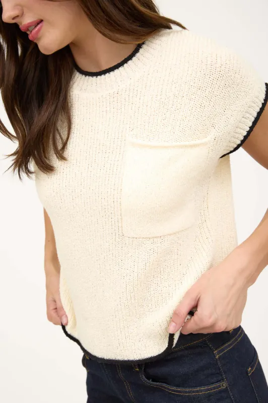 CONTRAST TRIM SHORT SLEEVE POCKET DETAIL SWEATER sold by Blu Pepper