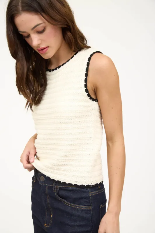 CONTRAST TRIM CROCHET KNIT SLEEVELESS SWEATER TOP sold by Blu Pepper