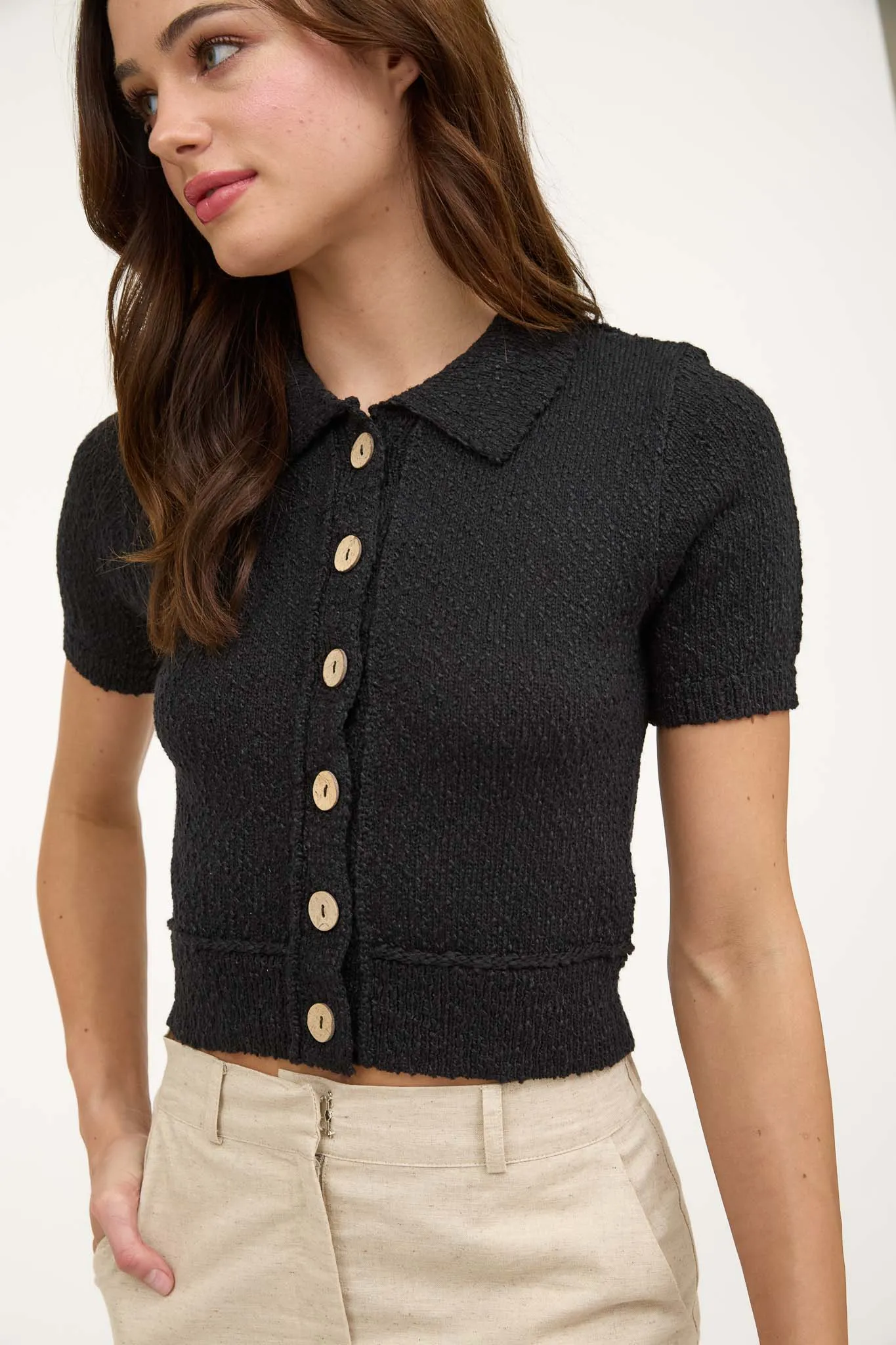 TEXTURED KNIT COLLARED SHORT SLEEVE CARDIGAN sold by Blu Pepper product image thumbnail 5
