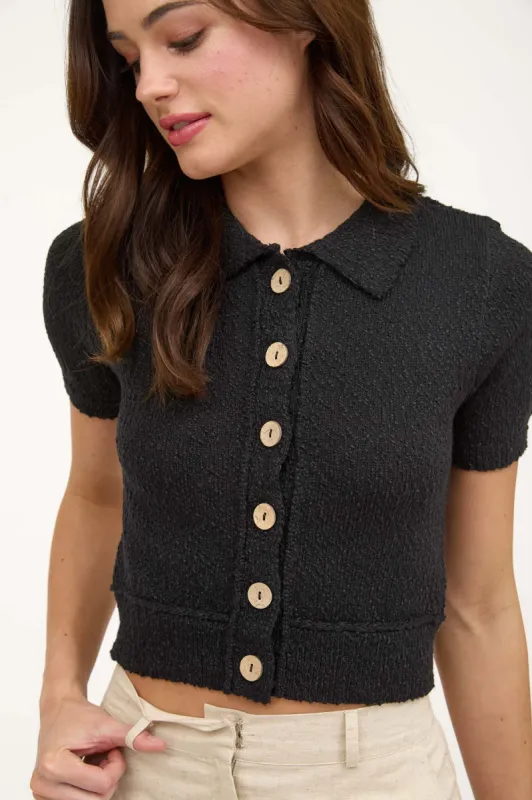 TEXTURED KNIT COLLARED SHORT SLEEVE CARDIGAN sold by Blu Pepper