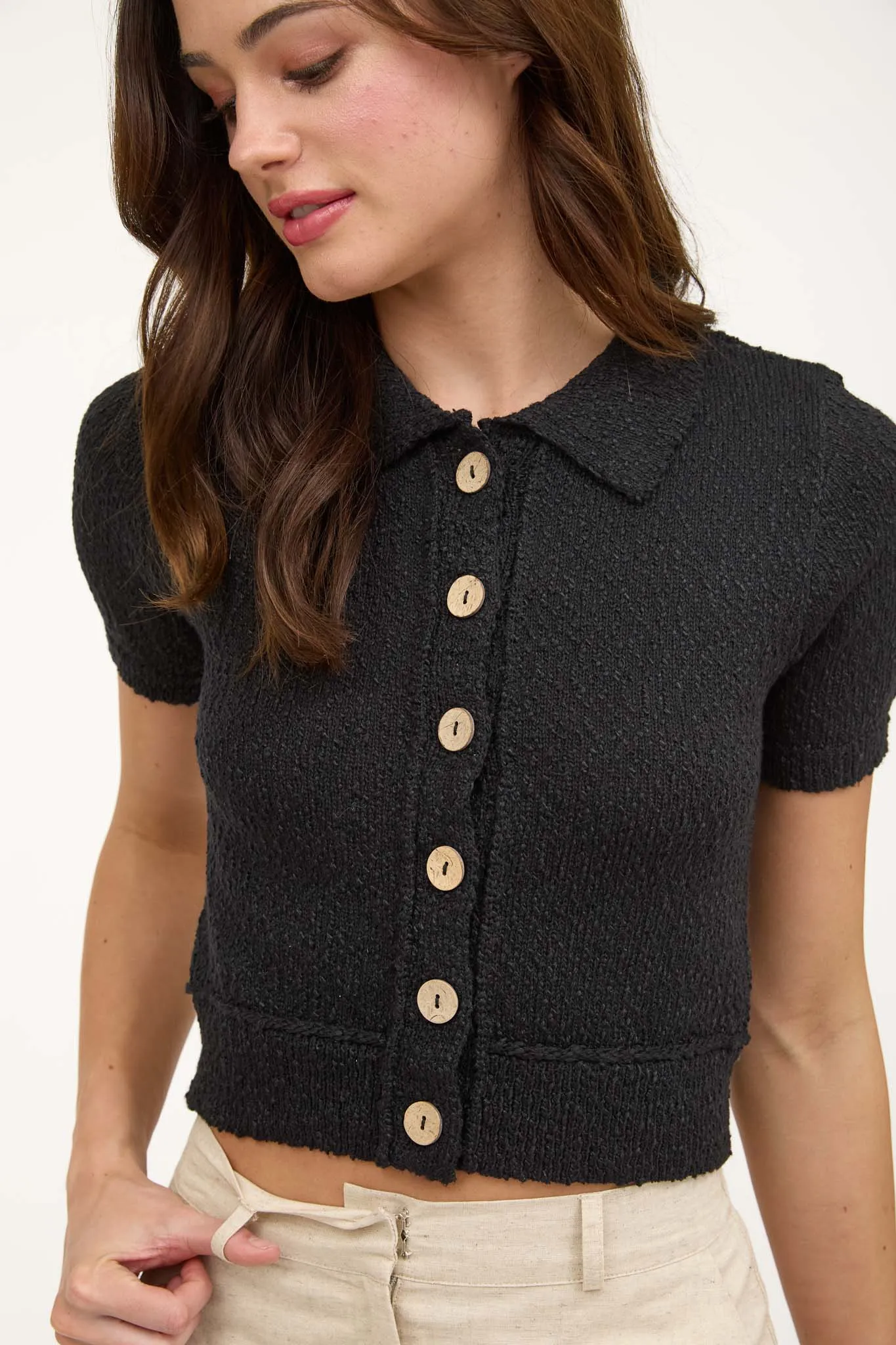TEXTURED KNIT COLLARED SHORT SLEEVE CARDIGAN sold by Blu Pepper