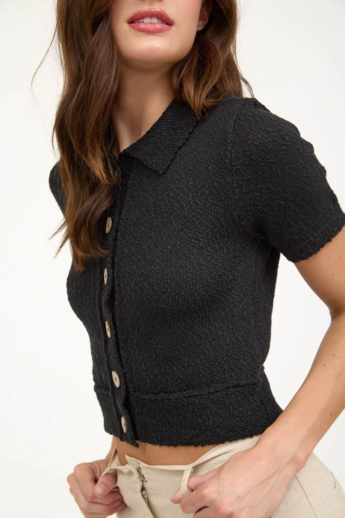 TEXTURED KNIT COLLARED SHORT SLEEVE CARDIGAN sold by Blu Pepper product image thumbnail 3