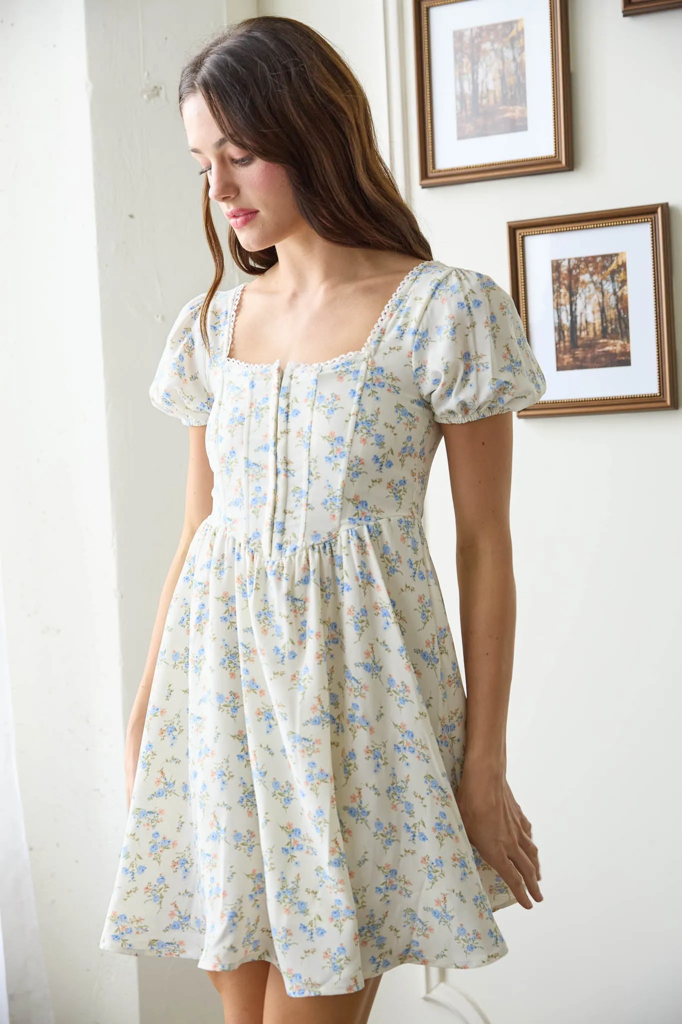 FLORAL LACE TRIM FRONT HOOK & EYE MINI DRESS sold by Blu Pepper product image thumbnail 5