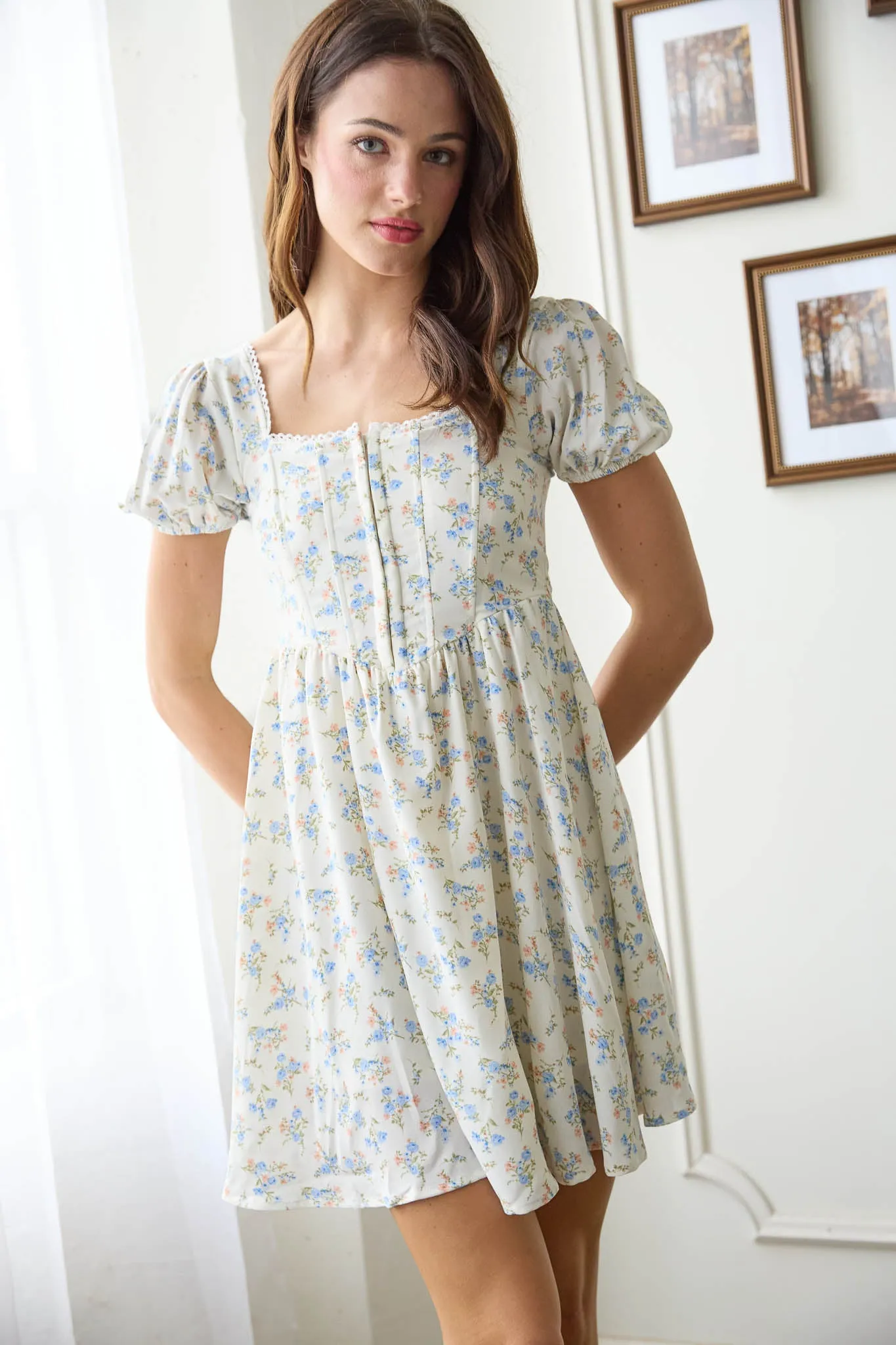 FLORAL LACE TRIM FRONT HOOK & EYE MINI DRESS sold by Blu Pepper product image thumbnail 4