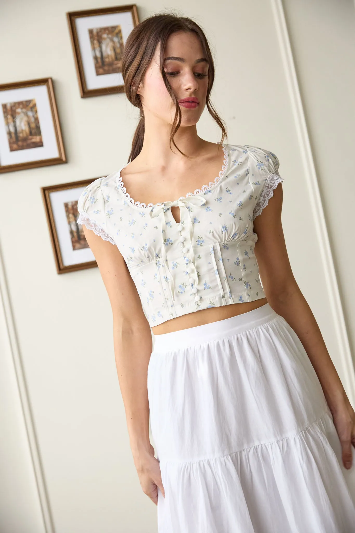 FLORAL LACE TRIM TIE BUTTON FRONT CORSET CROP TOP sold by Blu Pepper product image thumbnail 5
