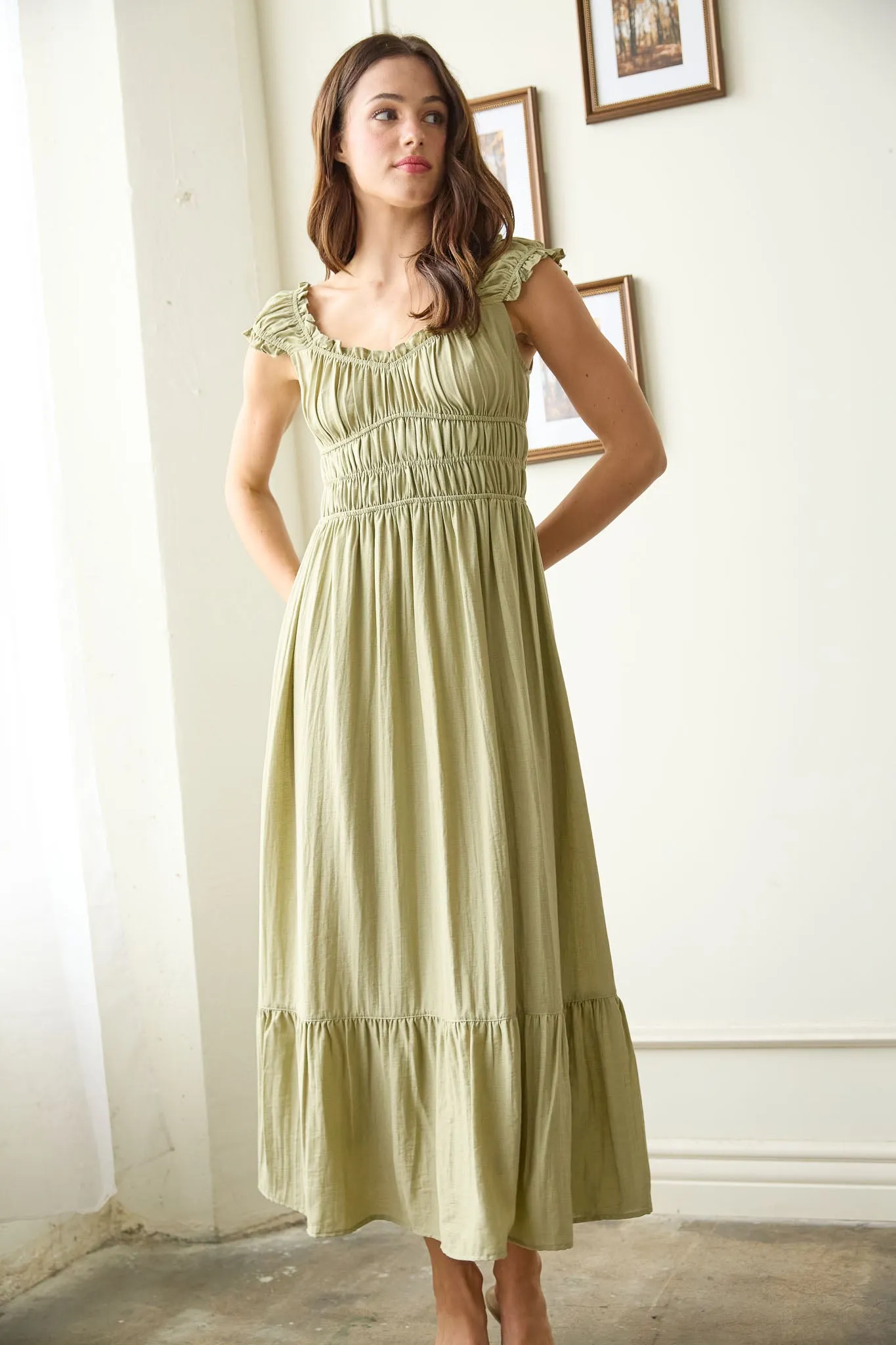 SHIRRED WAIST SHORT SLEEVE MIDI DRESS sold by Blu Pepper product image thumbnail 5