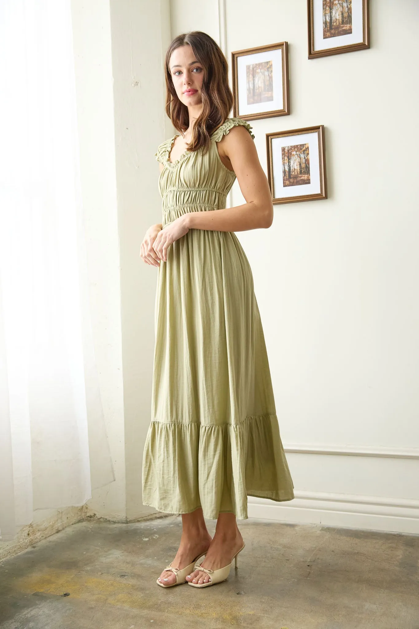SHIRRED WAIST SHORT SLEEVE MIDI DRESS sold by Blu Pepper product image thumbnail 3