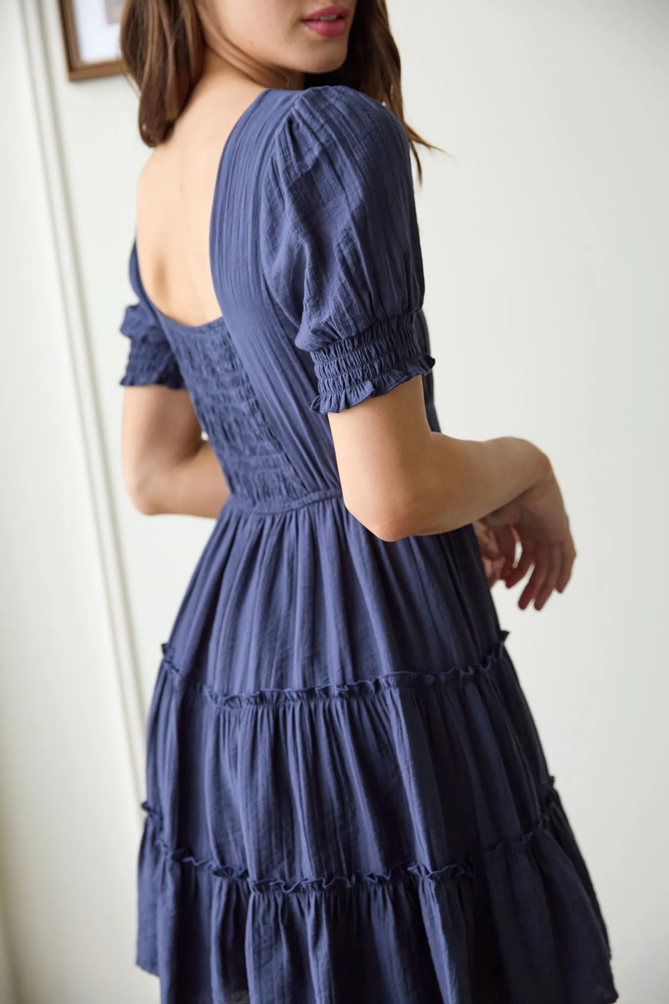 SQUARE NECK SMOCKED DETAIL TIERED MINI DRESS sold by Blu Pepper product image thumbnail 4