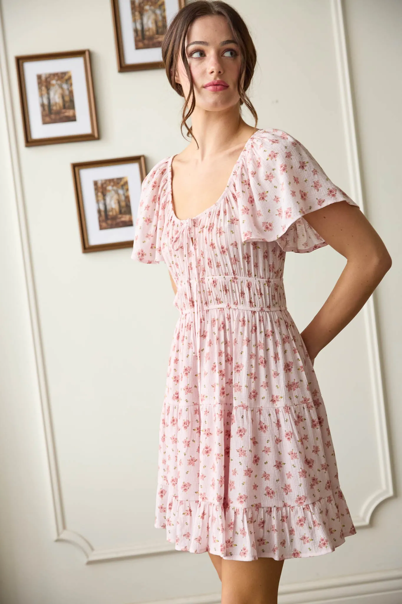 CHERRY BLOSSOM FRONT TIE SHORT SLEEVE MINI DRESS sold by Blu Pepper product image thumbnail 3