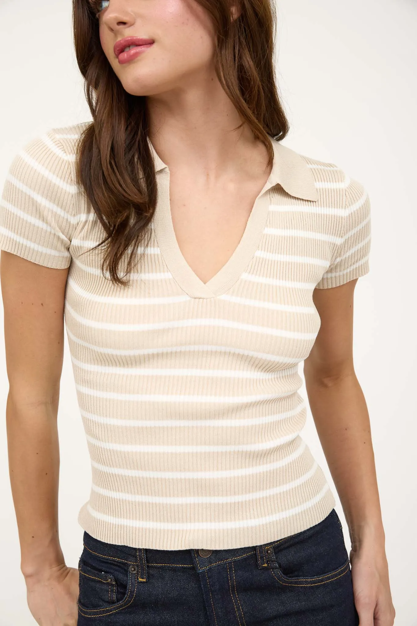 STRIPE COLLARED SHORT SLEEVE SWEATER KNIT TOP sold by Blu Pepper product image thumbnail 5