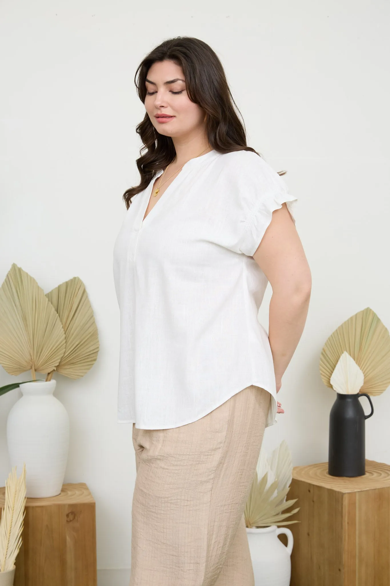 PLUS SPLIT NECK RUCHED SLEEVE & BACK LINEN BLOUSE sold by Blu Pepper product image thumbnail 3