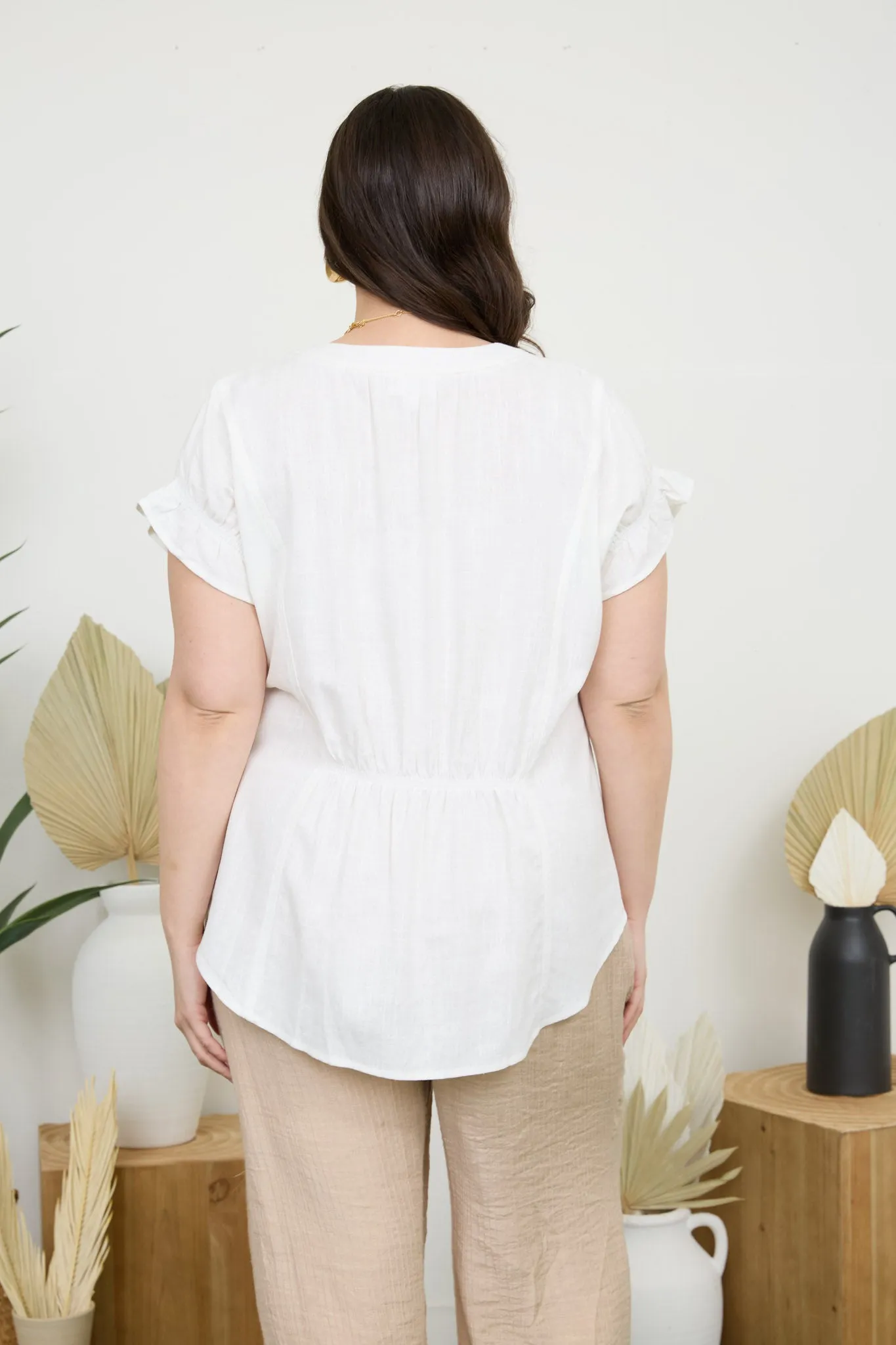 PLUS SPLIT NECK RUCHED SLEEVE & BACK LINEN BLOUSE sold by Blu Pepper product image thumbnail 5