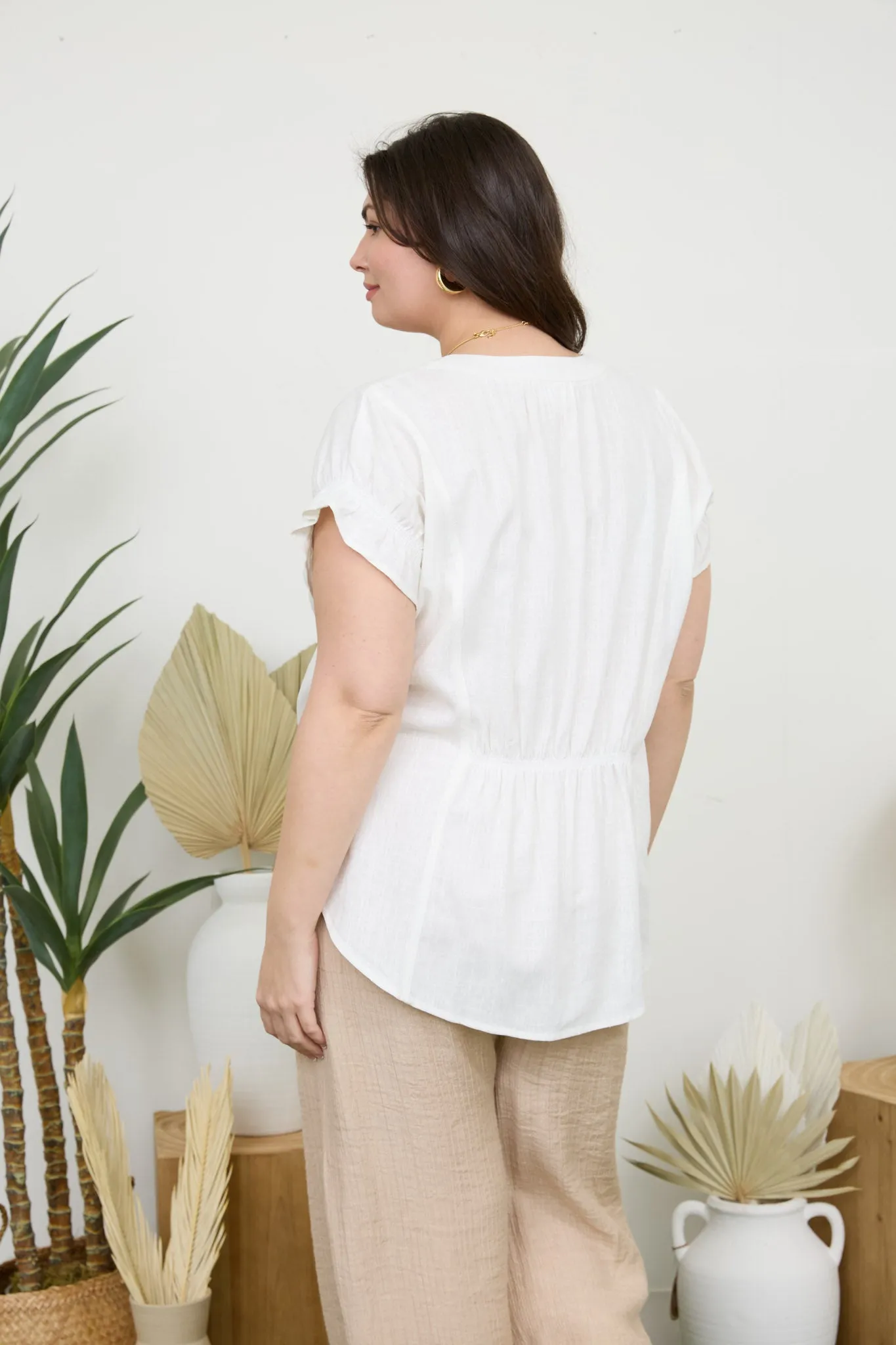 PLUS SPLIT NECK RUCHED SLEEVE & BACK LINEN BLOUSE sold by Blu Pepper product image thumbnail 2