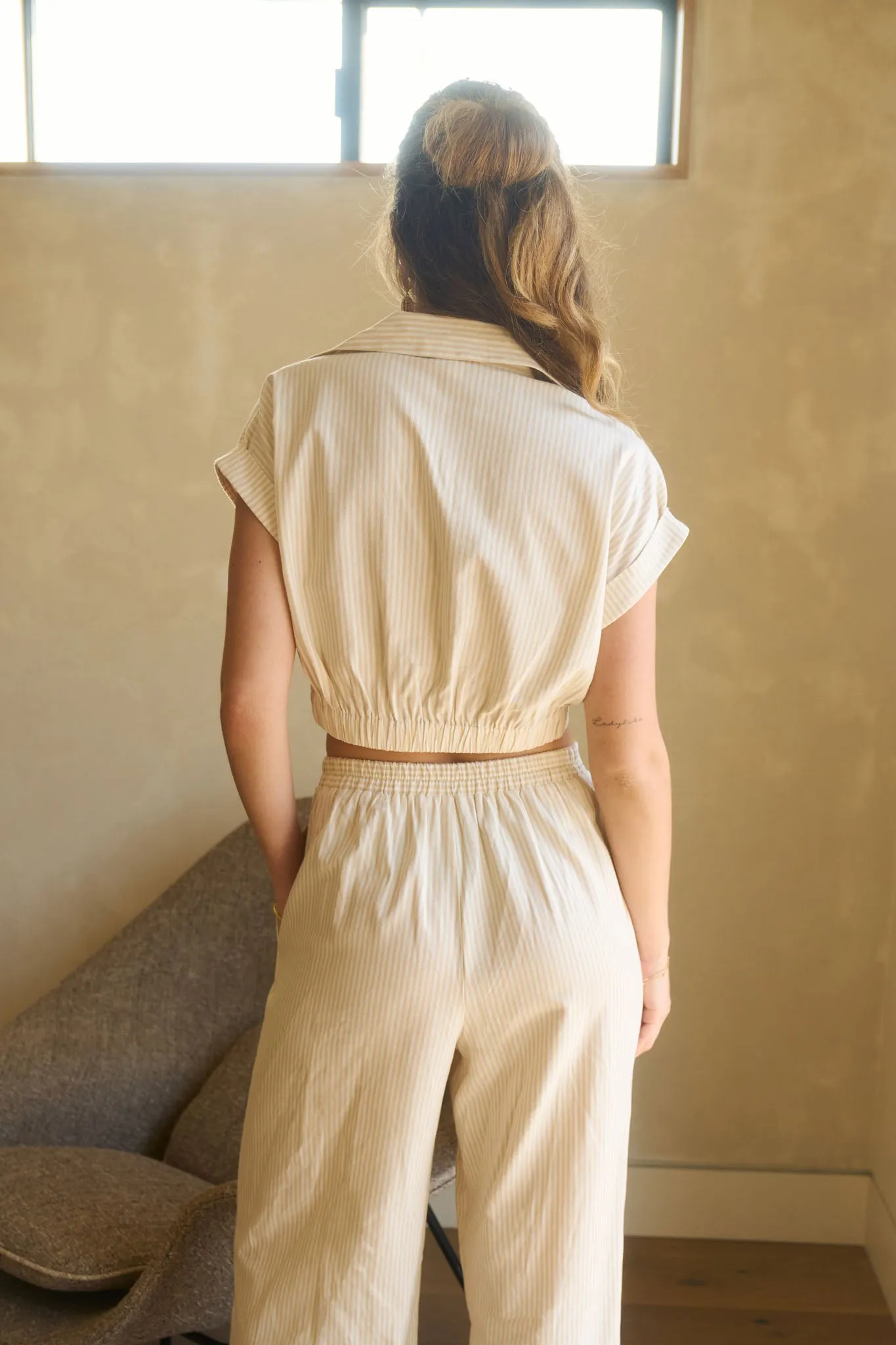 STRIPED COLLARED SHORT SLEEVE WRAP CROP TOP sold by Blu Pepper product image thumbnail 2