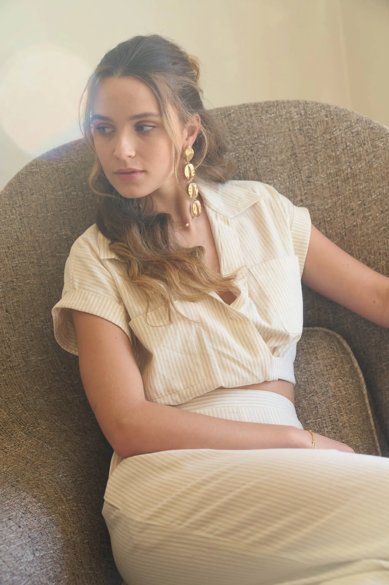 STRIPED COLLARED SHORT SLEEVE WRAP CROP TOP sold by Blu Pepper