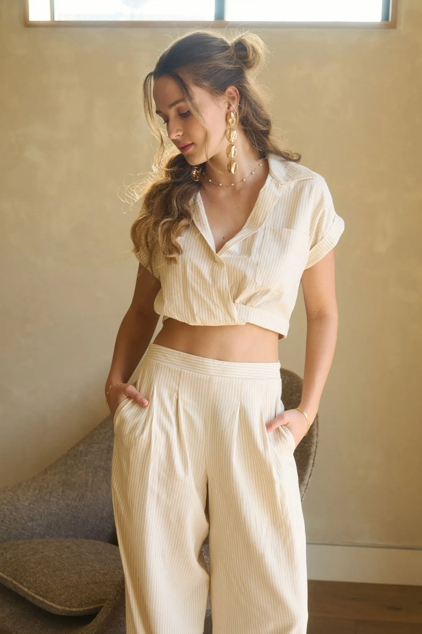 STRIPED COLLARED SHORT SLEEVE WRAP CROP TOP sold by Blu Pepper product image thumbnail 5