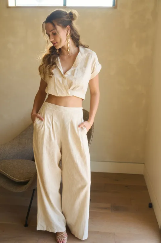 STRIPE HIGH WAIST PLEATED WIDE LEG PANTS sold by Blu Pepper