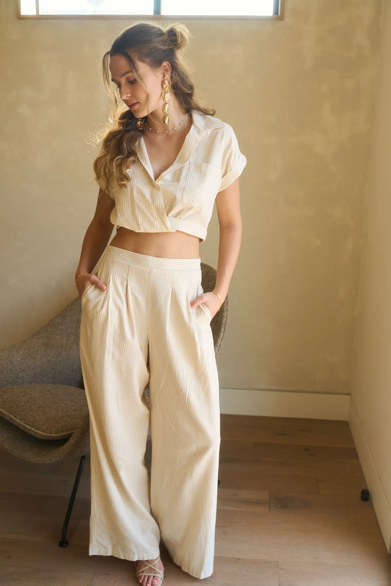 STRIPE HIGH WAIST PLEATED WIDE LEG PANTS sold by Blu Pepper