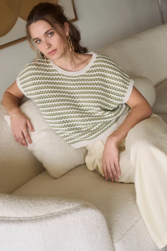 STRIPE CROCHET KNIT BATWING SHORT SLEEVE SWEATER T sold by Blu Pepper