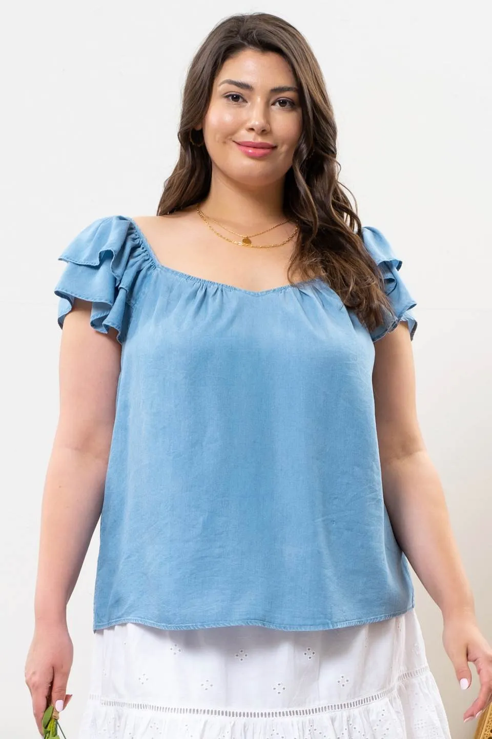 PLUS CHAMBRAY RUFFLE SLEEVE TOP sold by Blu Pepper product image thumbnail 4