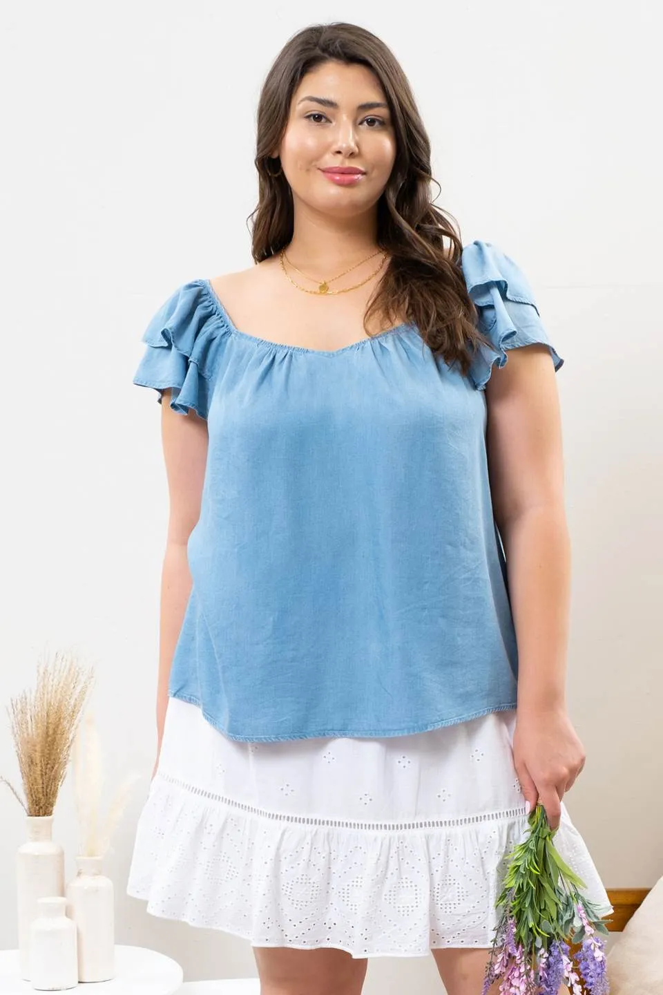PLUS CHAMBRAY RUFFLE SLEEVE TOP sold by Blu Pepper