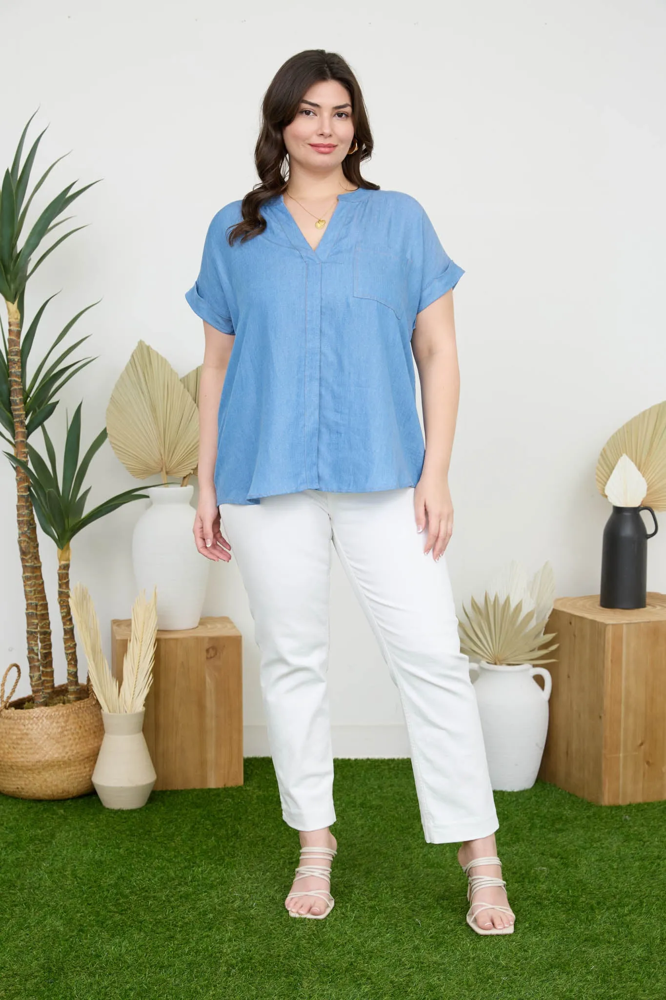 PLUS BACK BUTTON CUFF SLEEVE CHAMBRAY TOP sold by Blu Pepper product image thumbnail 3