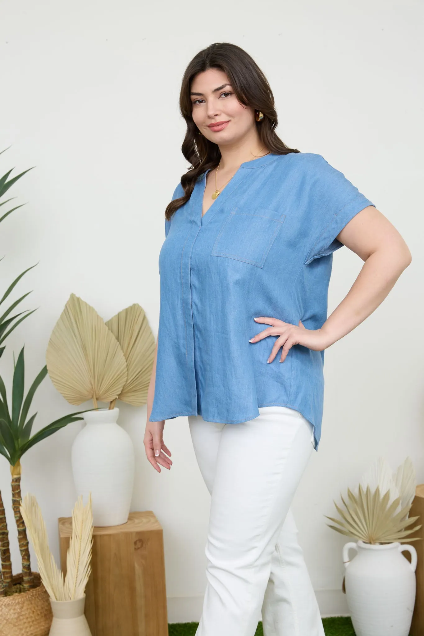 PLUS BACK BUTTON CUFF SLEEVE CHAMBRAY TOP sold by Blu Pepper product image thumbnail 4
