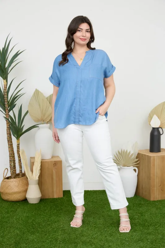 PLUS BACK BUTTON CUFF SLEEVE CHAMBRAY TOP sold by Blu Pepper