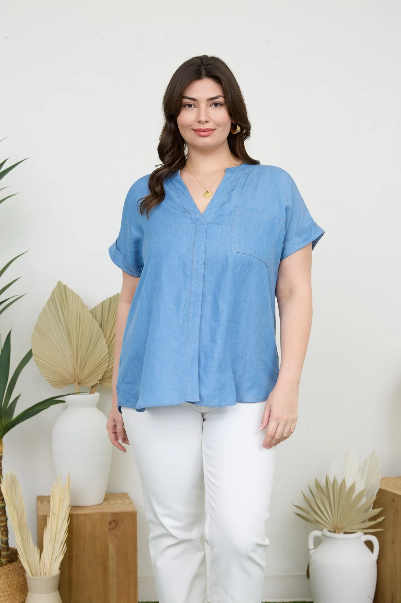 PLUS BACK BUTTON CUFF SLEEVE CHAMBRAY TOP sold by Blu Pepper product image thumbnail 5
