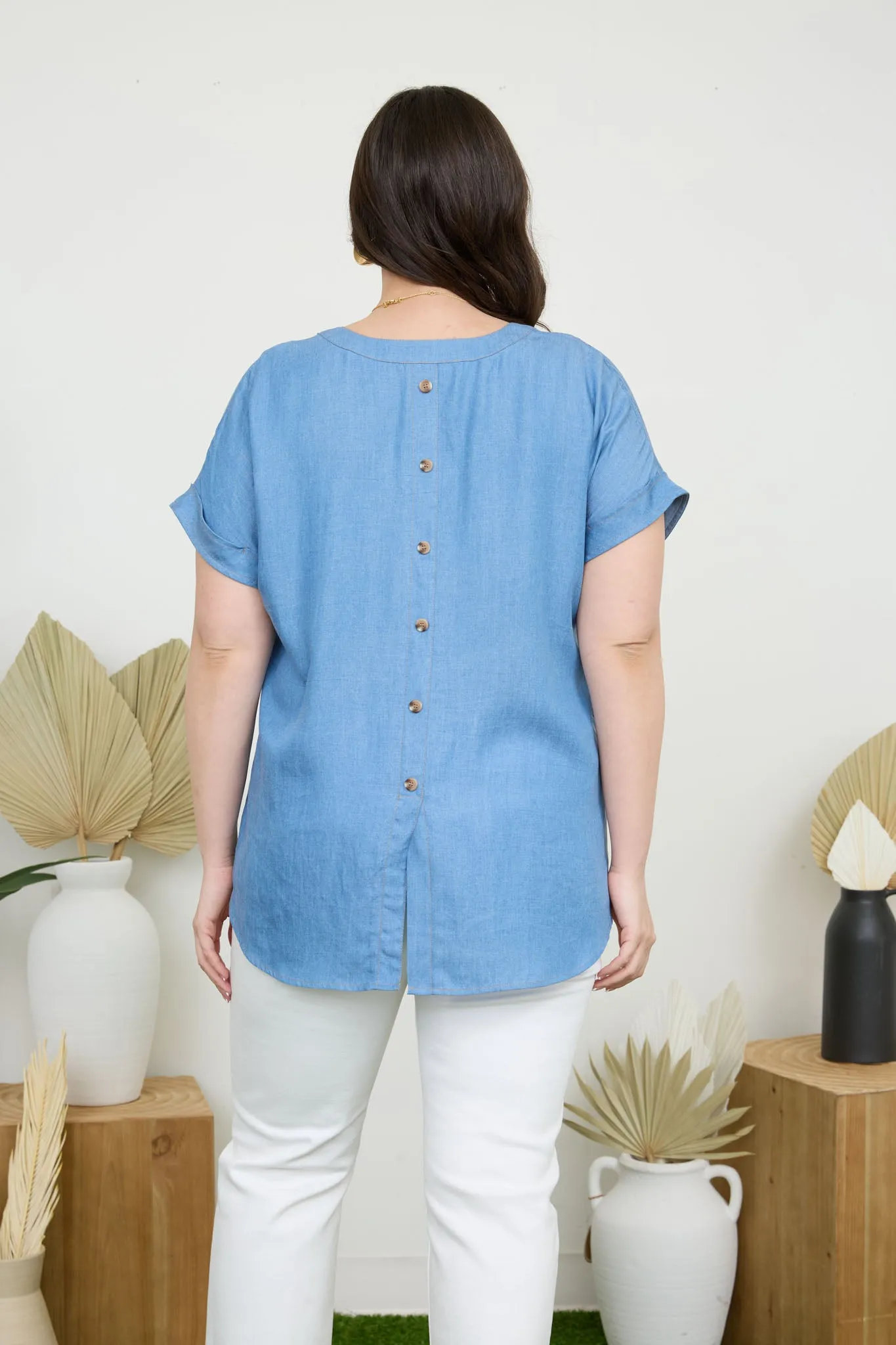 PLUS BACK BUTTON CUFF SLEEVE CHAMBRAY TOP sold by Blu Pepper product image thumbnail 2