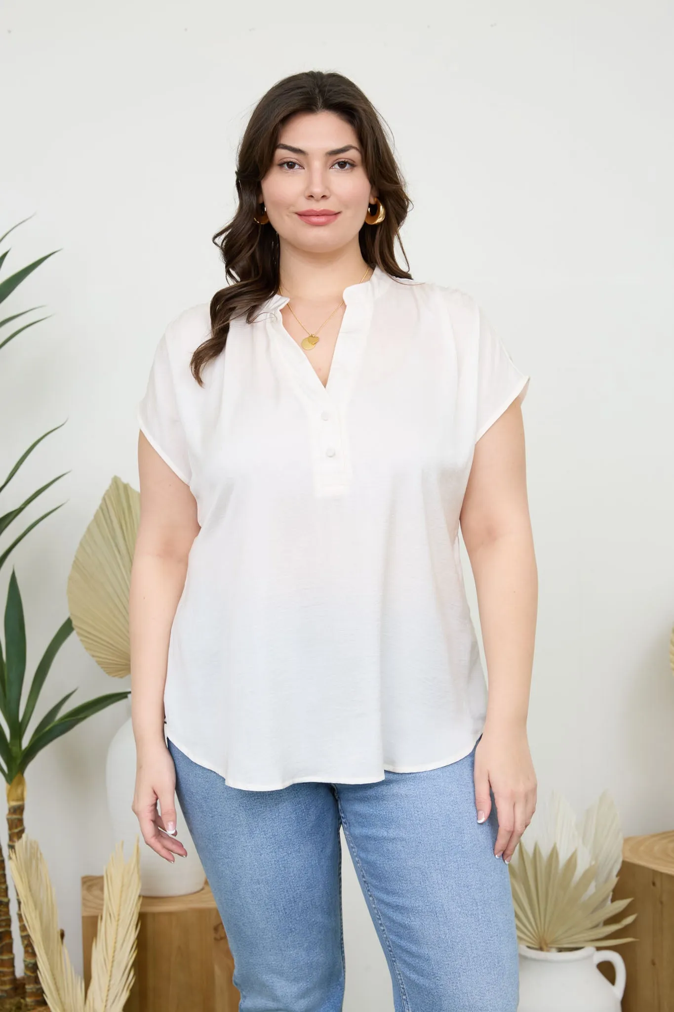 PLUS DROP SHOULDER BUTTON FRONT BLOUSE sold by Blu Pepper