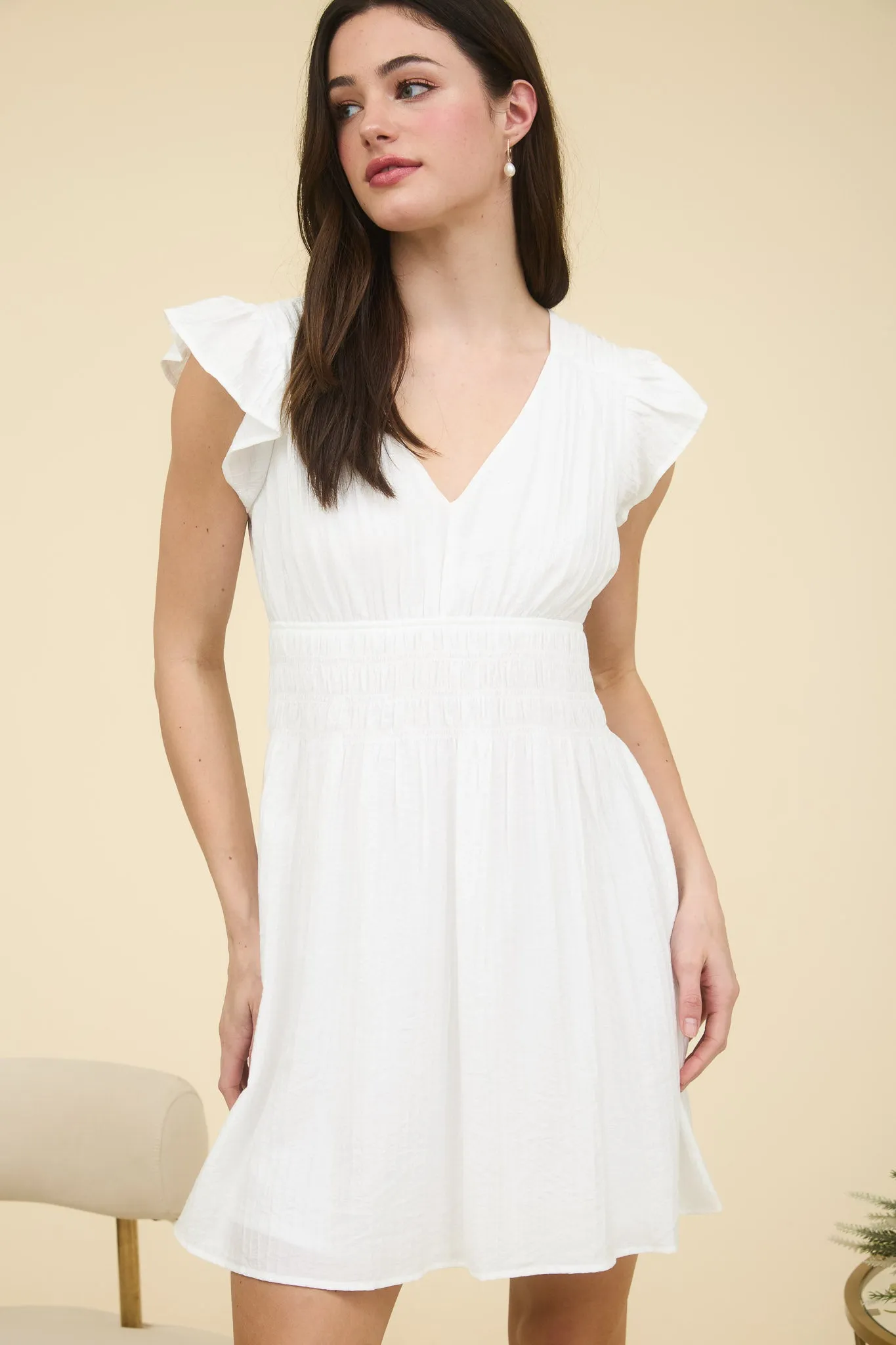 V NECK SHIRRED WAIST RUFFLE SLEEVE MINI DRESS sold by Blu Pepper product image thumbnail 4