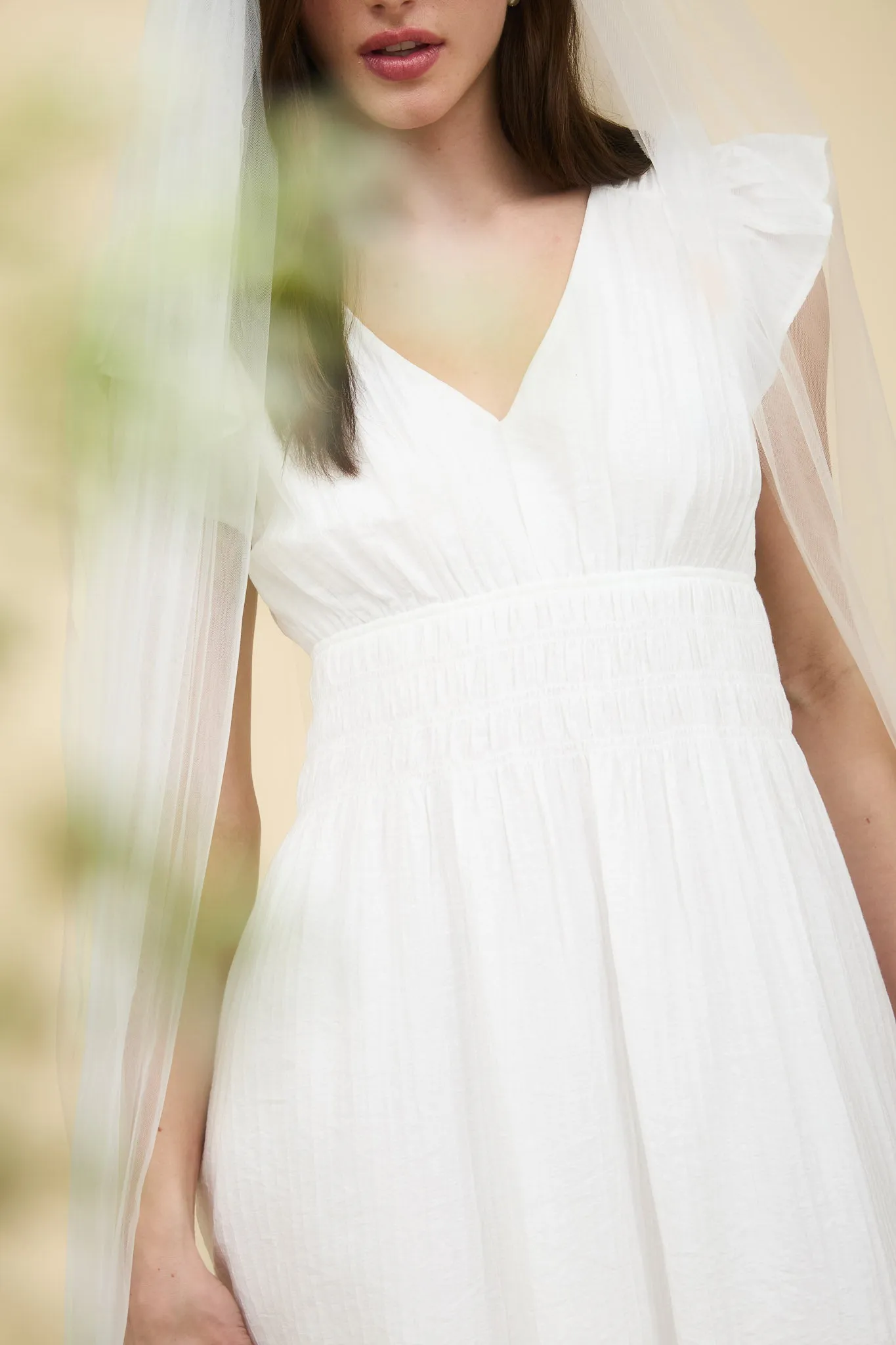 V NECK SHIRRED WAIST RUFFLE SLEEVE MINI DRESS sold by Blu Pepper