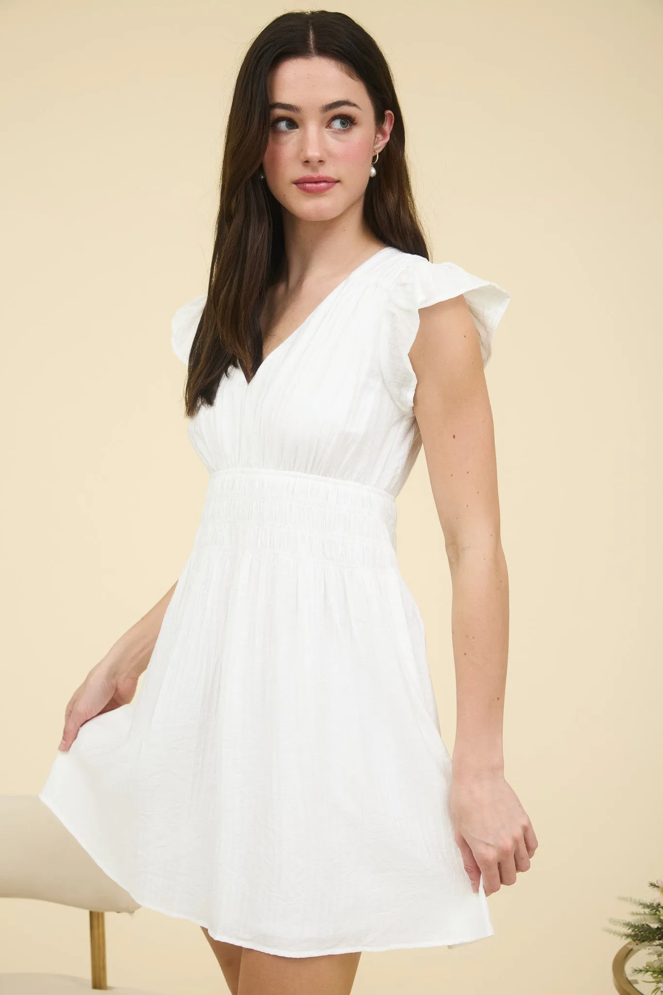 V NECK SHIRRED WAIST RUFFLE SLEEVE MINI DRESS sold by Blu Pepper product image thumbnail 3