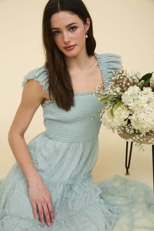 POLKA DOT CHIFFON SMOCKED TIERED MIDI DRESS sold by Blu Pepper