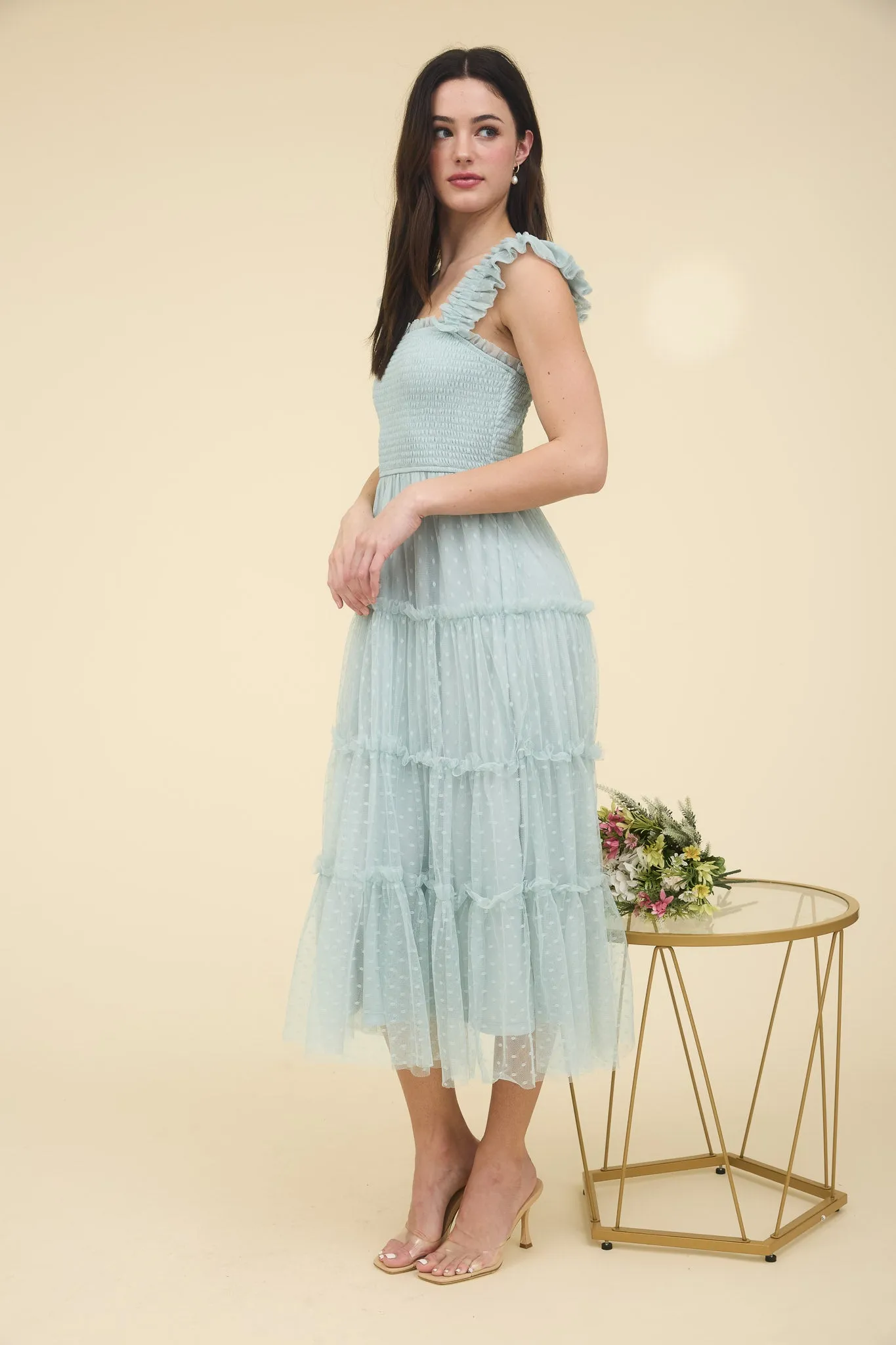 POLKA DOT CHIFFON SMOCKED TIERED MIDI DRESS (PRE-ORDER) sold by Blu Pepper product image thumbnail 3