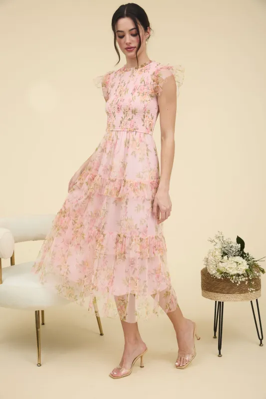 FLORAL SMOCKED RUFFLE DETAIL TIERED MAXI DRESS sold by Blu Pepper