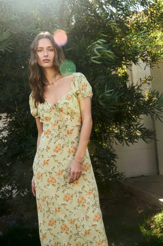 FLORAL FRONT TIE SHORT PUFF SLEEVE MIDI DRESS sold by Blu Pepper