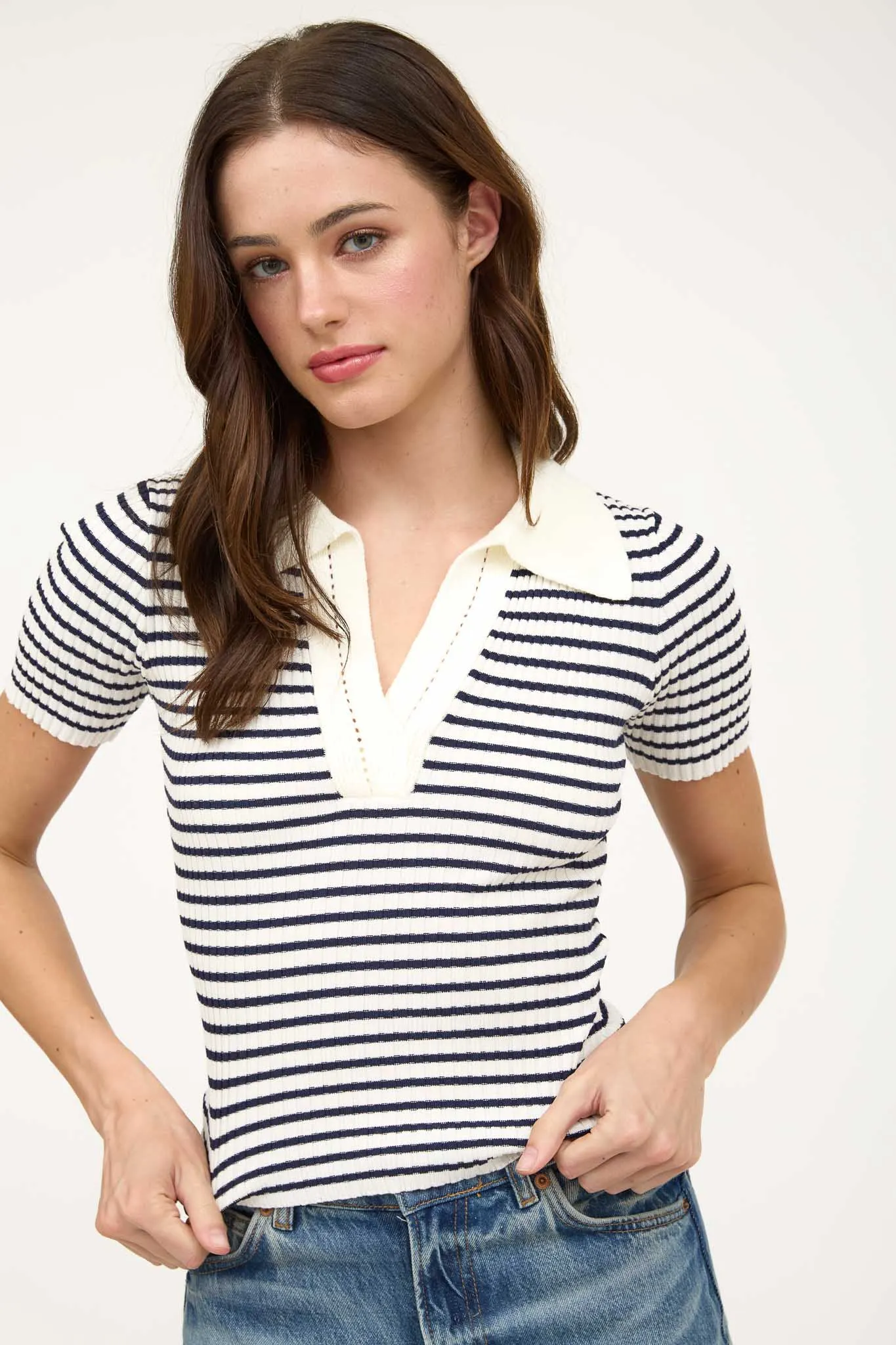 STRIPE COLLARED CUT-OUT DETAIL SWEATER KNIT TOP sold by Blu Pepper product image thumbnail 5