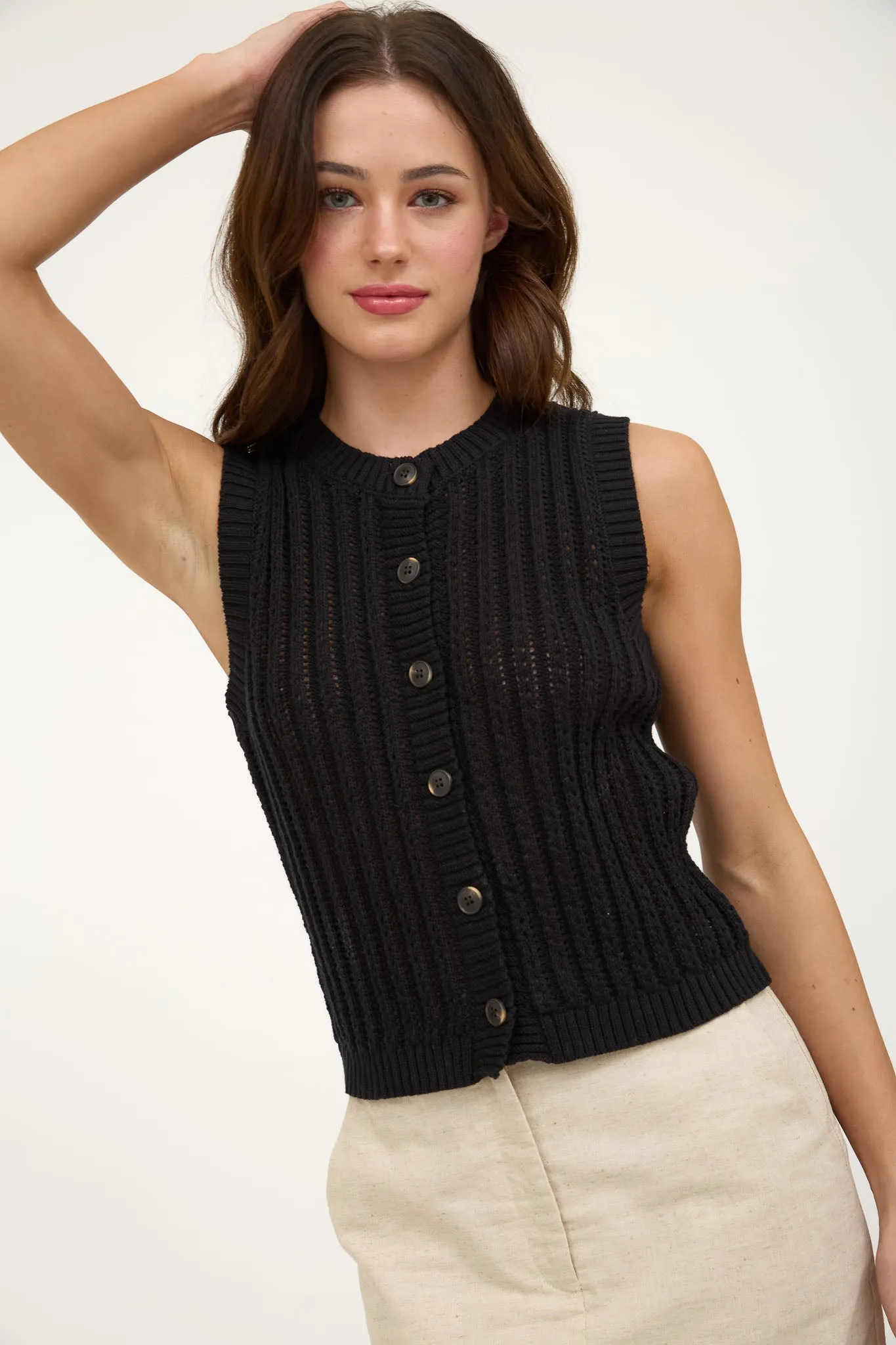 CREW NECK BUTTON DOWN SLEEVELESS KNIT CARDIGAN sold by Blu Pepper product image thumbnail 5