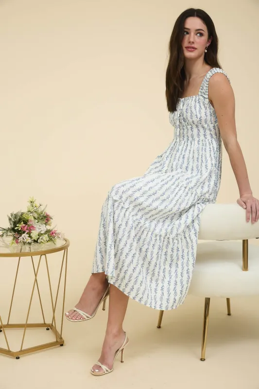 FLORAL STRIPE RUFFLE DETAIL MAXI DRESS sold by Blu Pepper