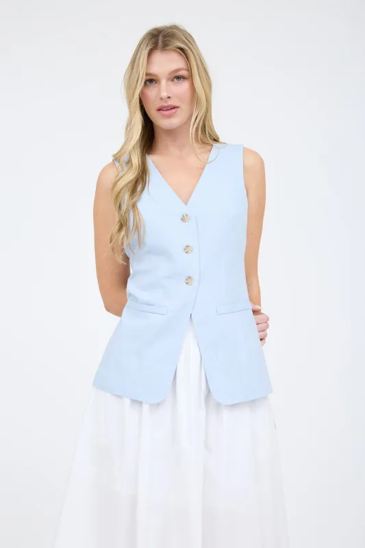 V NECK LONG LINE SLEEVELESS BUTTON DOWN BLOUSE sold by Blu Pepper