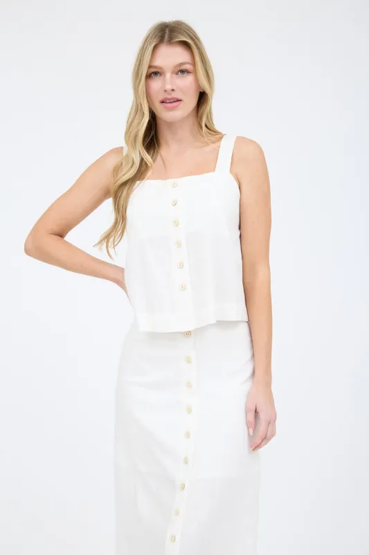 BUTTON DOWN SQUARE NECK SLEEVELESS LINEN TOP sold by Blu Pepper