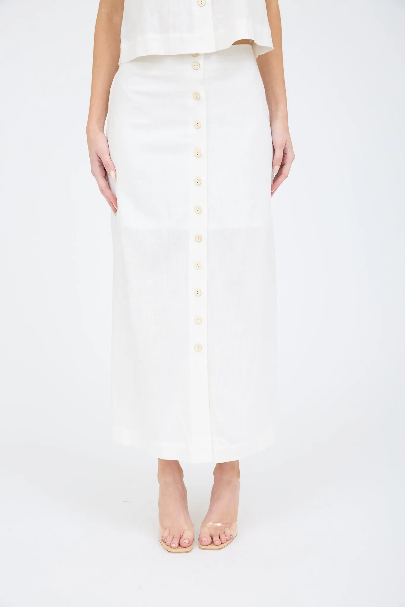 BUTTON FRONT LINEN MIDI SKIRT sold by Blu Pepper