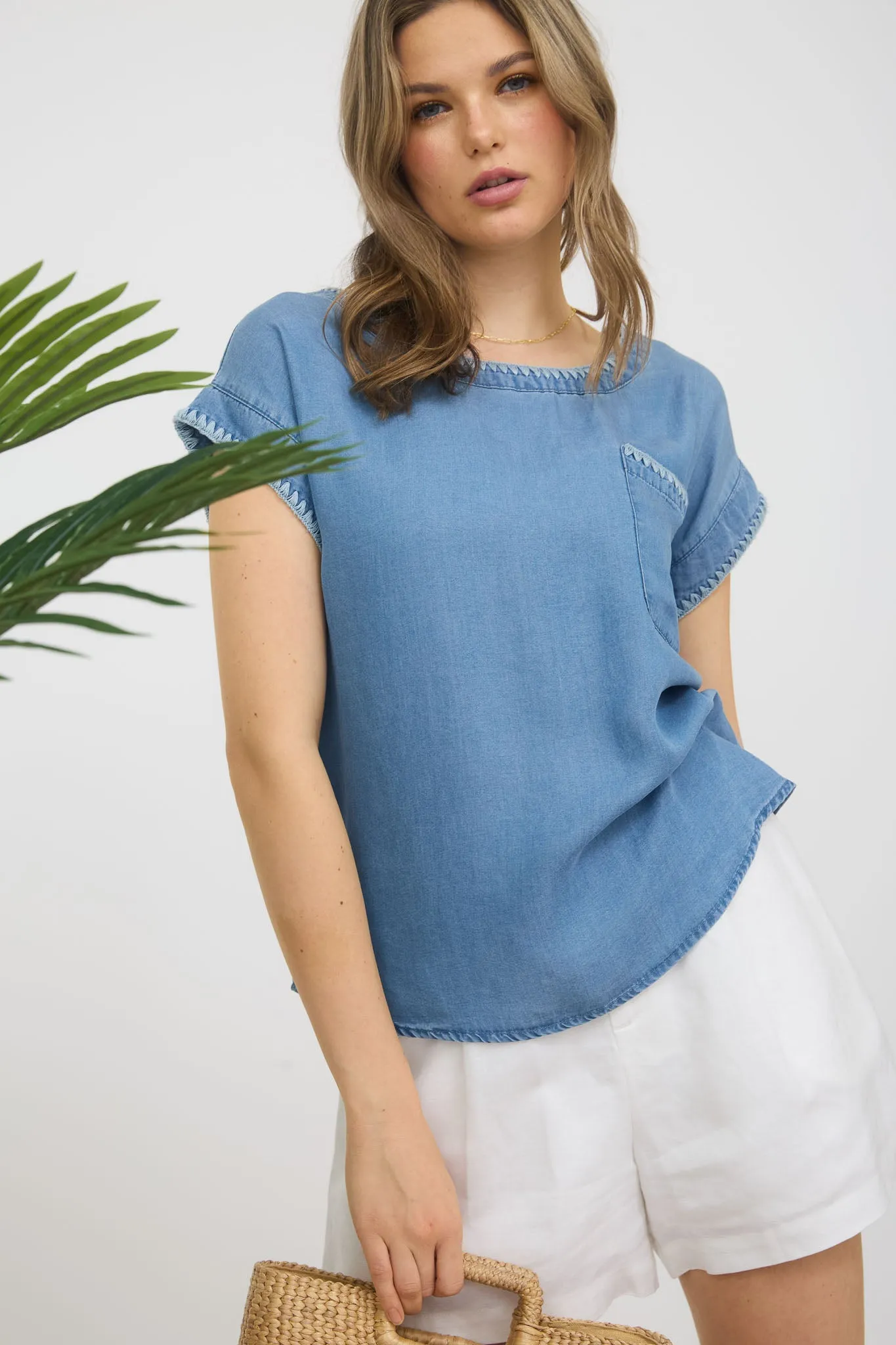EMBROIDERY TRIM SHORT SLEEVE CHAMBRAY TOP sold by Blu Pepper product image thumbnail 3