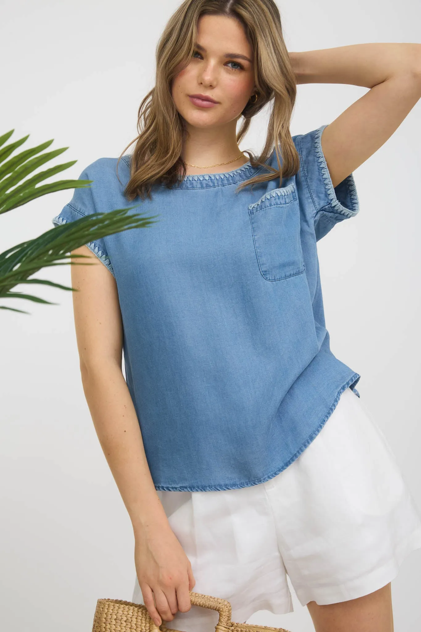 EMBROIDERY TRIM SHORT SLEEVE CHAMBRAY TOP sold by Blu Pepper