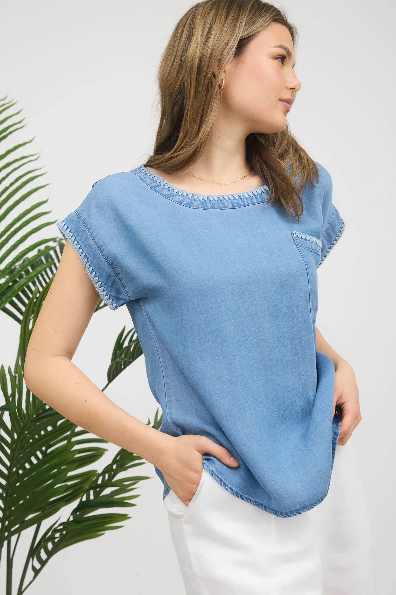 EMBROIDERY TRIM SHORT SLEEVE CHAMBRAY TOP sold by Blu Pepper product image thumbnail 5
