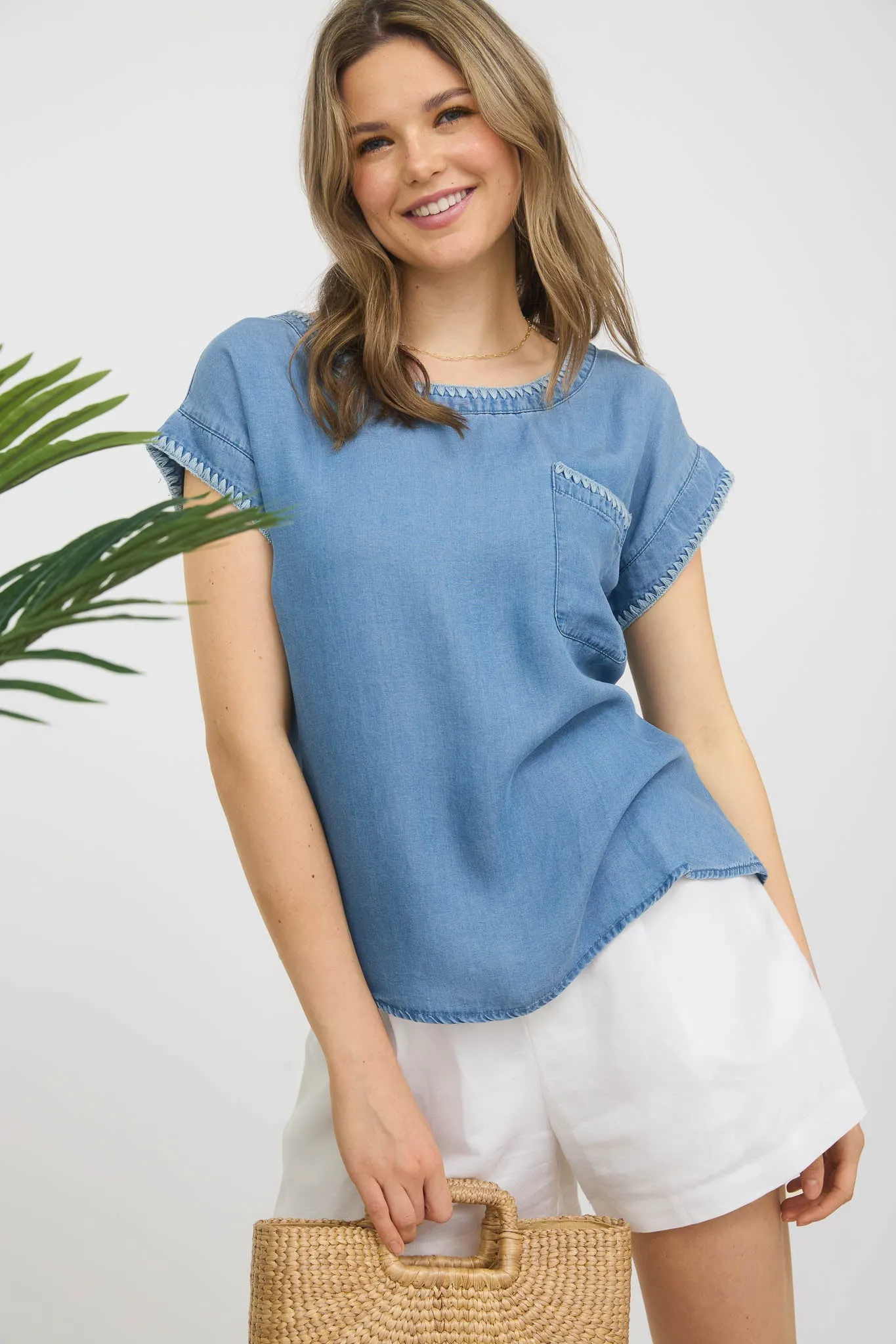 EMBROIDERY TRIM SHORT SLEEVE CHAMBRAY TOP sold by Blu Pepper product image thumbnail 2