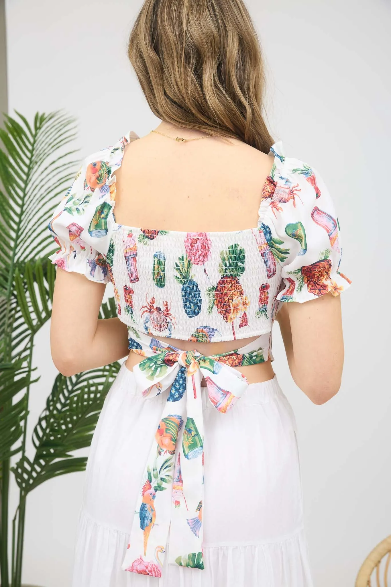 TROPICAL PRINT CORSET BACK TIE DETAIL BLOUSE sold by Blu Pepper product image thumbnail 4